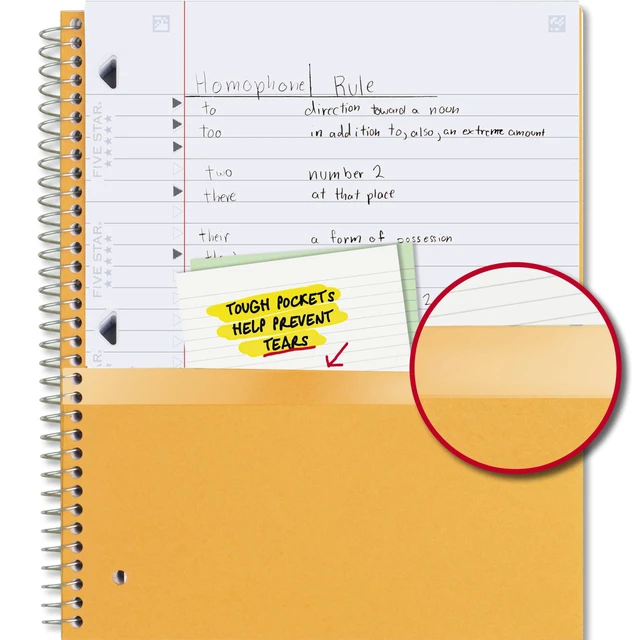 Alt view image 4 of 6 - Five Star 73463 3-Subject Wide Ruled Spiral Notebook, 8" x 10.5", 150 Sheets, Water Resistant Cover, Fights Ink Bleed, Harvest Yellow, with Study App