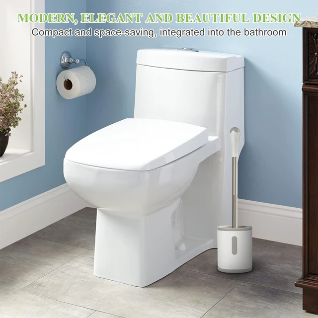 Alt view image 2 of 6 - AONEZ Compact Toilet Brush & Holder, Stainless Steel Handle, Nylon Bristles, Deep Cleaning, Drip-Proof, Space Saving, Easy to Assemble, White & Grey