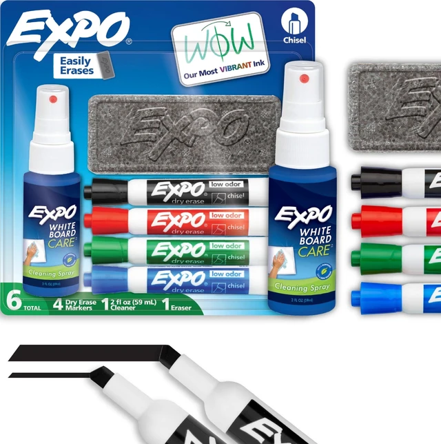 Main image of EXPO Dry Erase Markers Kit, 6 Count, Chisel Tip, Assorted Colors, with Eraser and Spray Cleaner - Whiteboard, Calendar, Office, School, Classroom, Teacher Supplies