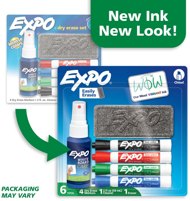 Alt view image 6 of 6 - EXPO Dry Erase Markers Kit, 6 Count, Chisel Tip, Assorted Colors, with Eraser and Spray Cleaner - Whiteboard, Calendar, Office, School, Classroom, Teacher Supplies