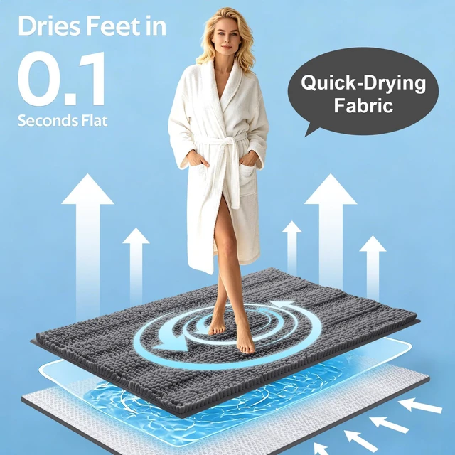 Alt view image 6 of 6 - ACCUMTEK 32"x20" Deep Grey Striped Ultra Soft Non-Slip Absorbent Plush Shaggy Chenille Bath Mat for Bathroom, Bedroom, Kitchen, Shower, Tub