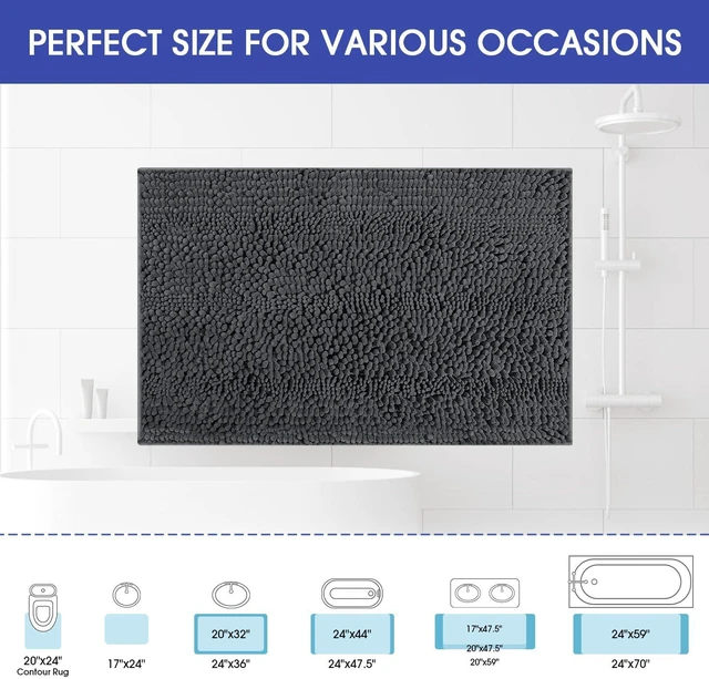 Alt view image 3 of 6 - ACCUMTEK 32"x20" Deep Grey Striped Ultra Soft Non-Slip Absorbent Plush Shaggy Chenille Bath Mat for Bathroom, Bedroom, Kitchen, Shower, Tub