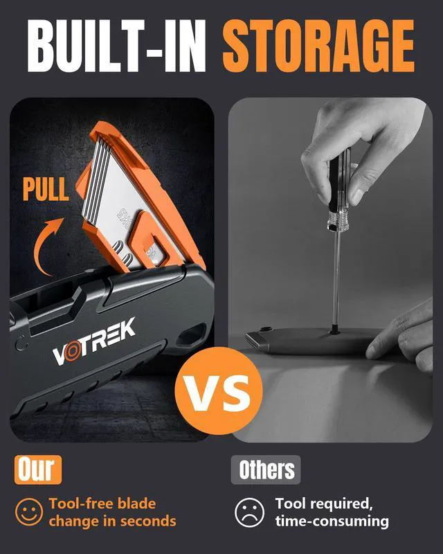 Alt view image 2 of 6 - VOTREK Box Cutter Retractable Metal Utility Knife with Built-in Storage, Tool-Free Quick Blade Change, Safety Lock, Extra 15 SK5 Blades, Heavy Duty for Cardboard, Black