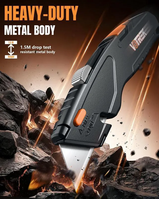 Alt view image 4 of 6 - VOTREK Box Cutter Retractable Metal Utility Knife with Built-in Storage, Tool-Free Quick Blade Change, Safety Lock, Extra 15 SK5 Blades, Heavy Duty for Cardboard, Black