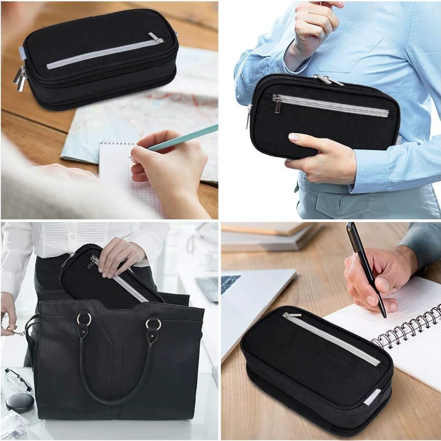 Alt view image 7 of 7 - Chelory Large Capacity Pencil Case with 3 Compartments, Pen Holder Marker Holder Portable Office Stationery Organizer, Makeup Cosmetic Bag for Men Women (Black)
