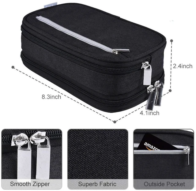 Alt view image 4 of 7 - Chelory Large Capacity Pencil Case with 3 Compartments, Pen Holder Marker Holder Portable Office Stationery Organizer, Makeup Cosmetic Bag for Men Women (Black)