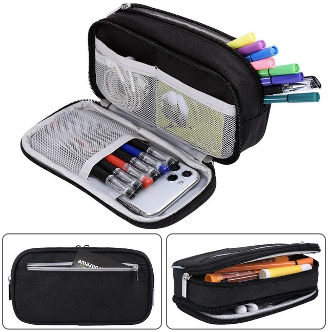 Alt view image 5 of 7 - Chelory Large Capacity Pencil Case with 3 Compartments, Pen Holder Marker Holder Portable Office Stationery Organizer, Makeup Cosmetic Bag for Men Women (Black)
