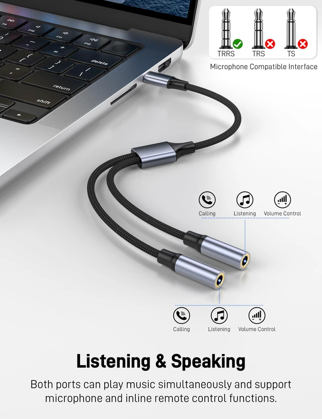 Alt view image 6 of 7 - USB-C to Dual 3.5mm Female Headphone Microphone Splitter Adapter for iPhone 17 16 15 Pro Max, Samsung Galaxy S25 S24, Pixel, Note
