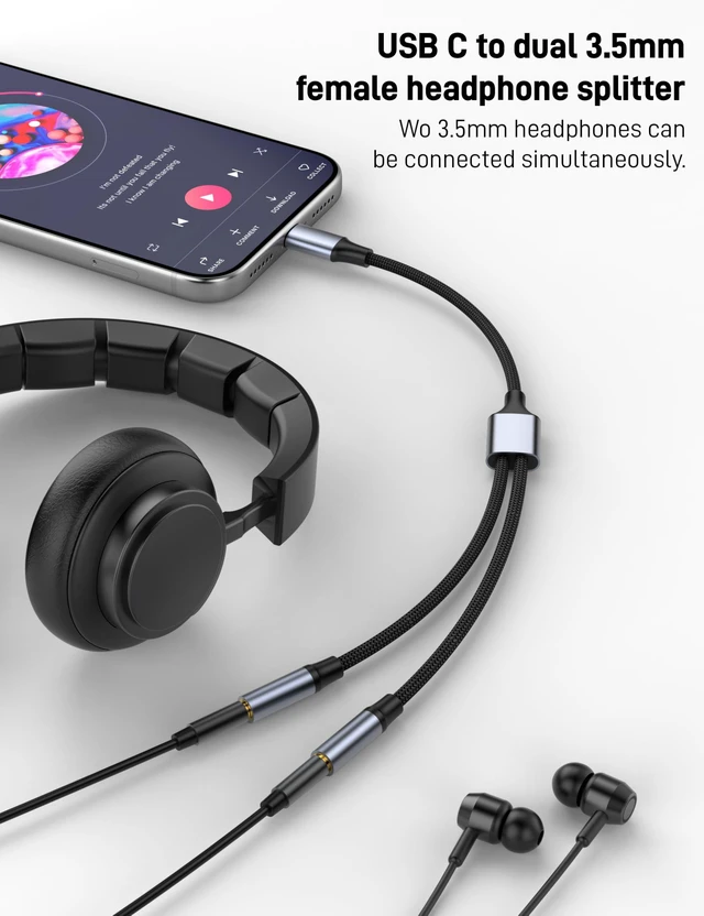 Alt view image 7 of 7 - USB-C to Dual 3.5mm Female Headphone Microphone Splitter Adapter for iPhone 17 16 15 Pro Max, Samsung Galaxy S25 S24, Pixel, Note