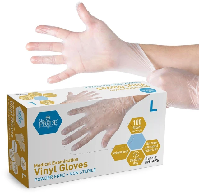 Main image of MED PRIDE Medical Vinyl Examination Gloves, Large, 100-Count, Latex & Rubber Free, Ultra-Strong, Clear, Powder-Free, Disposable for Healthcare & Food Handling