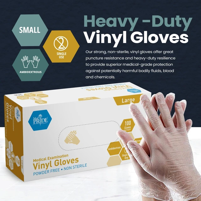 Alt view image 2 of 7 - MED PRIDE Medical Vinyl Examination Gloves, Large, 100-Count, Latex & Rubber Free, Ultra-Strong, Clear, Powder-Free, Disposable for Healthcare & Food Handling