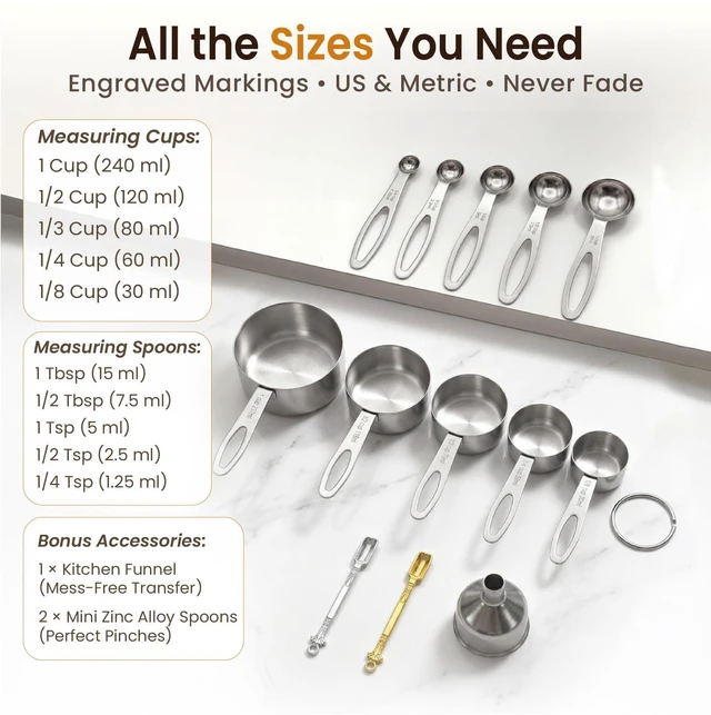 Alt view image 2 of 7 - 13PCS Stainless Steel Measuring Cups and Spoons Set with Funnel, Stackable, Dishwasher Safe for Dry & Liquid Ingredients