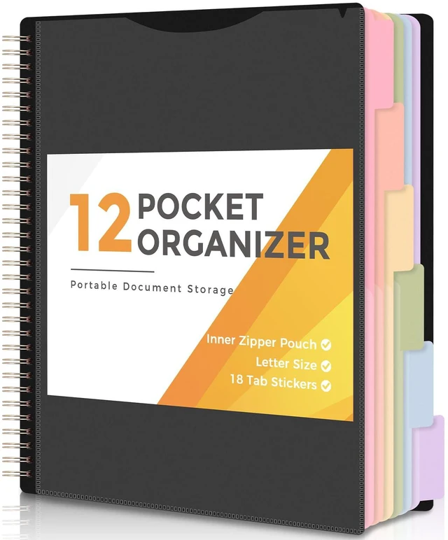 Main image of SKYDUE 12 Pocket Spiral Multi Pocket Folder Binder with Dividers, Black