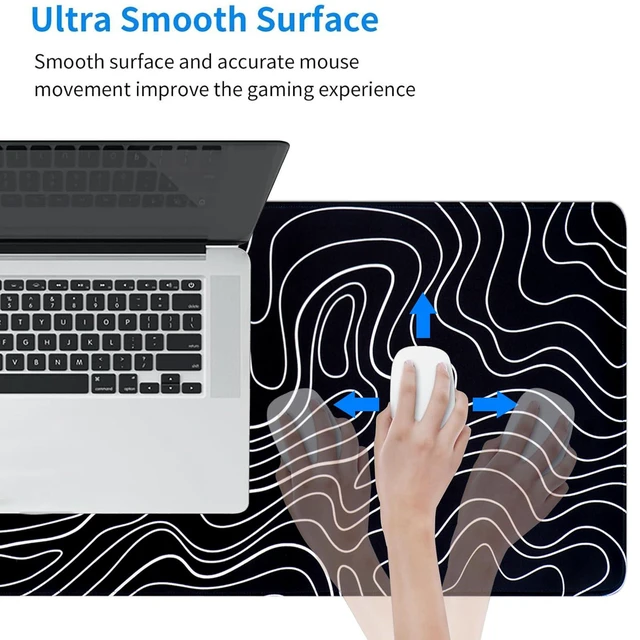 Alt view image 4 of 7 - Topographic Line Gaming Mouse Pad 31.5x11.8in Non-Slip Rubber Base Desk Mat Black White