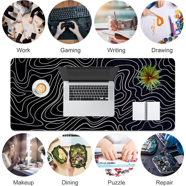 Alt view image 7 of 7 - Topographic Line Gaming Mouse Pad 31.5x11.8in Non-Slip Rubber Base Desk Mat Black White
