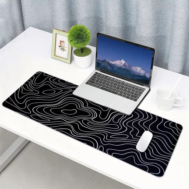 Alt view image 3 of 7 - Topographic Line Gaming Mouse Pad 31.5x11.8in Non-Slip Rubber Base Desk Mat Black White