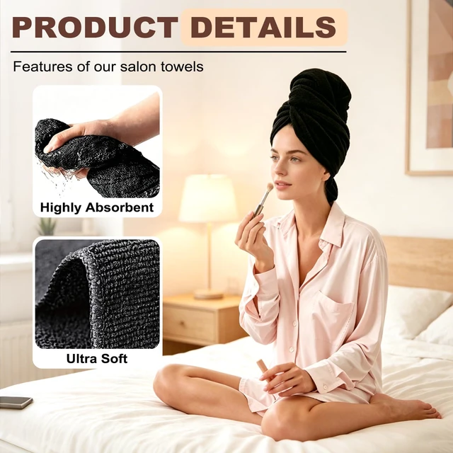 Alt view image 6 of 7 - Puomue 6 Pack Black Microfiber Salon Towels 27x16 Inch Super Soft Absorbent Hair Towel for Bath Spa Pool Home