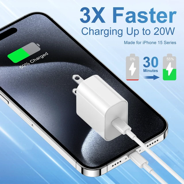 Alt view image 6 of 6 - 20W USB-C Fast Charger with 10ft Type-C to C Cable for Apple iPhone 17 Pro Max/17 Air/16 Pro/16 Plus/15 Pro/15 Mini, iPad, AirPods