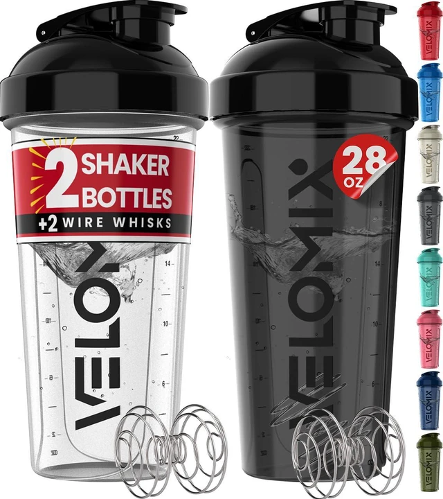 Main image of VELOMIX 2 Pack 28oz Protein Shaker Bottle, Black/Transparent