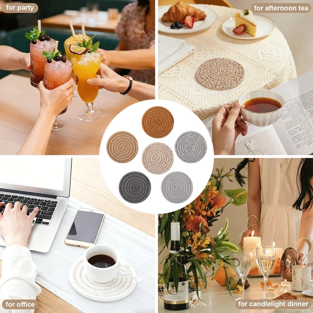 Alt view image 6 of 7 - OIAHOMY 10Pcs Drink Coasters with Holder, Boho Cotton Woven, Absorbent, for Various Cups, Ideal for Coffee Tables, Home Decor, Gift, 4.3Inches, Mixed Yellow