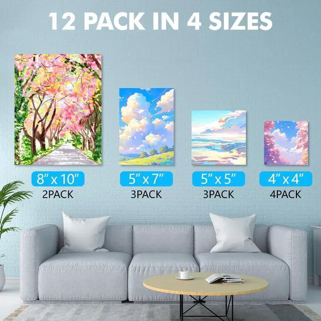 Alt view image 2 of 7 - ESRICH Canvas Boards 12 Pack, 4x4, 5x5, 5x7, 8x10, Cotton Primed Canvas Panels for Acrylic, Oil, Gouache & Tempera
