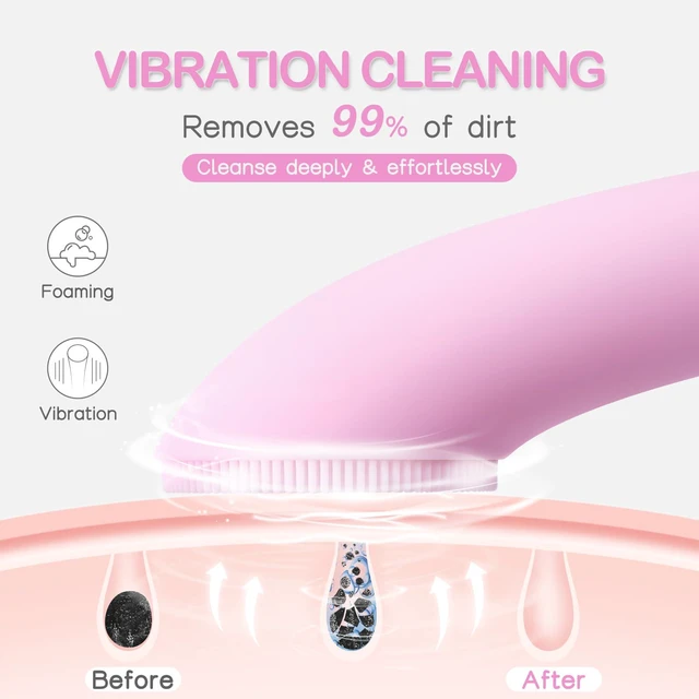 Alt view image 6 of 6 - PRITECH Rechargeable Silicone Facial Cleansing Brush with Heat Massage End, Vibrating Exfoliator, Waterproof, Deep Cleaning, for Women and Men (Pink)