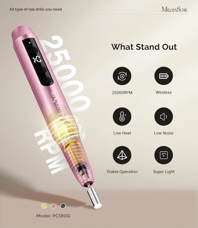 Alt view image 5 of 7 - MelodySusie PC180G Pen-Shaped Portable Cordless Nail Drill, 25000RPM Rechargeable Electric File with LED Display for Nail Care, Manicure Shaping and Acrylic Gel Removal