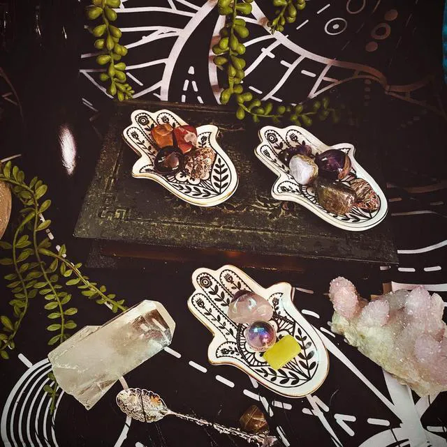 Alt view image 2 of 7 - Ceramic Hamsa Evil Eye Hand of Fatima Jewelry Ring Dish Small Boho Home Decorative Tray Birthday Gift for Mom