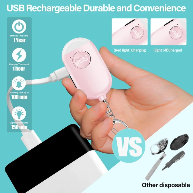 Alt view image 5 of 6 - Hion Personal Safety Self Defense Alarm Keychain, Rechargeable 130dB with LED Flashlight, for Women, Children, Elderly, College Girls, Men, Pink