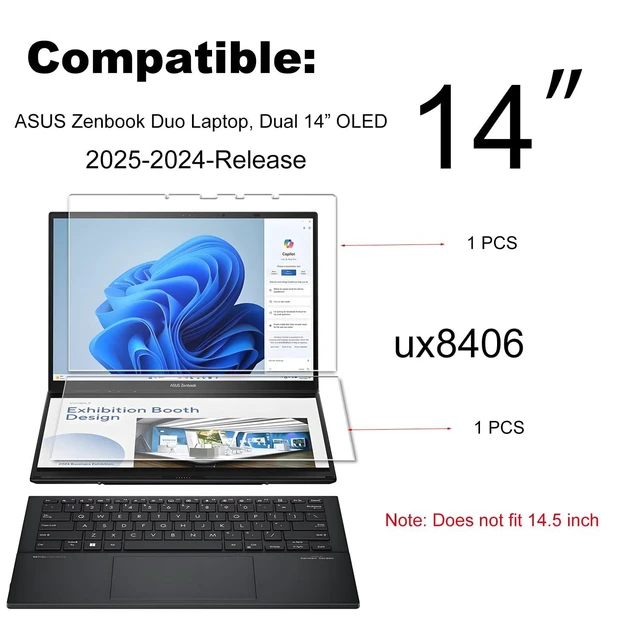 Alt view image 2 of 5 - KEANBOLL 2-Pack Tempered Glass Screen Protector Designed for 2024-2025 ASUS Zenbook Duo Dual 14 2-in-1 Laptop (UX8406), Ultra Clear, 9H Hardness (1 Sets - Primary and Secondary Screens)