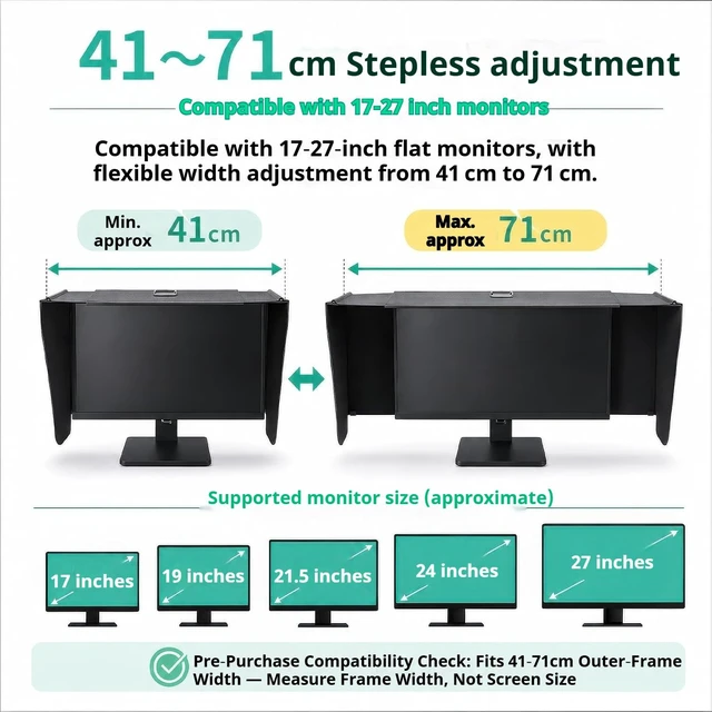 Alt view image 3 of 5 - Computer Monitor Hood, StrapBack Adjustable Sun Shade for 1727 Inch Monitor, Fits Monitor Outer Frame Width 4171cm, AntiGlare Screen Hood for Photo Video Editing