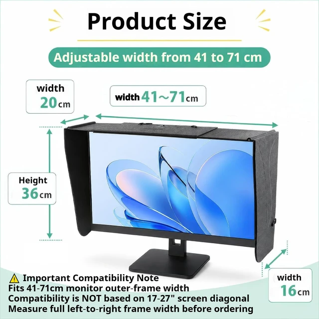 Alt view image 2 of 5 - Computer Monitor Hood, StrapBack Adjustable Sun Shade for 1727 Inch Monitor, Fits Monitor Outer Frame Width 4171cm, AntiGlare Screen Hood for Photo Video Editing