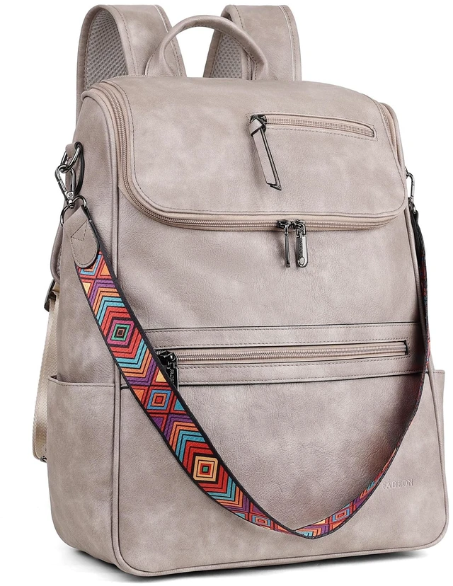 Main image of FADEON Laptop Backpack for Women Leather Travel Backpack with Laptop Compartment, Designer PU Shoulder Laptop Bag Grey