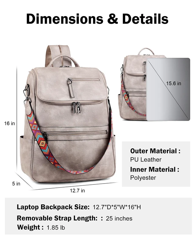 Alt view image 2 of 5 - FADEON Laptop Backpack for Women Leather Travel Backpack with Laptop Compartment, Designer PU Shoulder Laptop Bag Grey