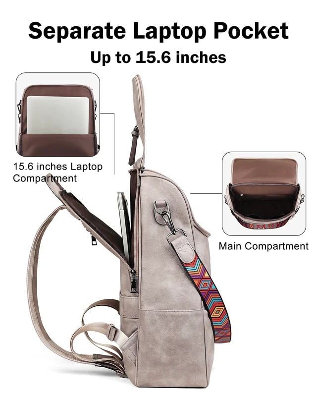 Alt view image 3 of 5 - FADEON Laptop Backpack for Women Leather Travel Backpack with Laptop Compartment, Designer PU Shoulder Laptop Bag Grey