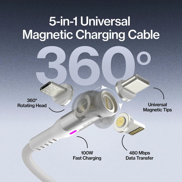 Alt view image 2 of 5 - Statik 360 Pro Magnetic Charging Cable, USB-C Micro-USB iProduct Tips 100W