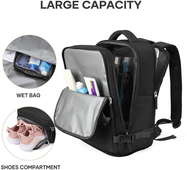 Alt view image 4 of 5 - coowoz Travel Backpack For Women Men,Carry On Backpack Flight Approved,Hiking Backpack Water-Resistant Outdoor Sports Rucksack Casual Daypack Fit 15.6 Inch Laptop Shoes Compartment (Black)
