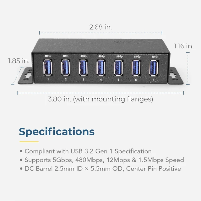 Alt view image 5 of 5 - Coolgear 3.2 Gen 1 USB Hub - 7 Port USB Hub with 5Gbps Data Transfers, Mountable Metal Housing, 5V Power Adapter, ESD Surge Protection, Bus or Self Powered