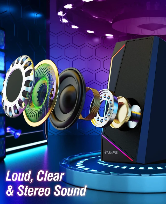 Alt view image 2 of 5 - LENRUE Computer Speakers, USB/USB-C Powered AUX Audio for PC Speakers with Loud Stereo Sound, Headphone-in, Touch Lights for Desktop, Computer, Laptop, DeskUSB-C to USB Adapter Included
