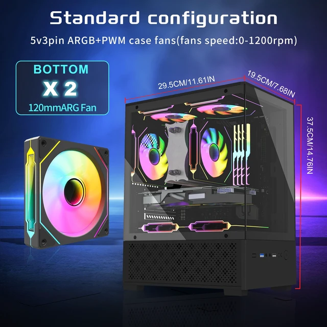 Alt view image 2 of 5 - Micro ATX Case, MATX,ITX PC Case with 2 X 120mm ARGB Fan Pre-Installed, Panoramic View Tempered Glass Front & Side Panel, Black