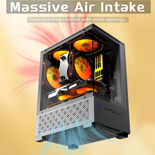 Alt view image 3 of 5 - Micro ATX Case, MATX,ITX PC Case with 2 X 120mm ARGB Fan Pre-Installed, Panoramic View Tempered Glass Front & Side Panel, Black