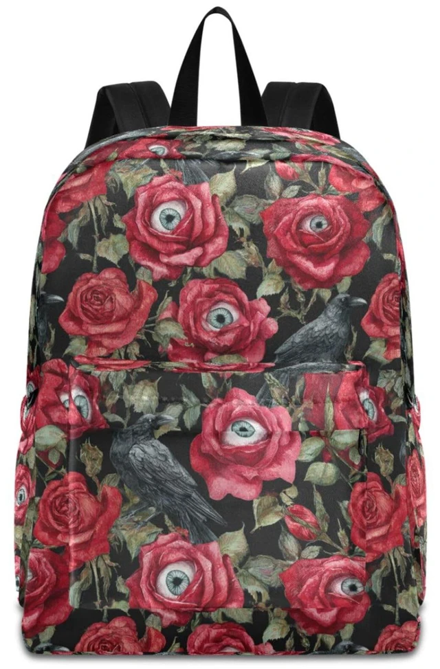 Main image of ZzWwR Halloween Red Roses with Eyeballs Crows Big Travel Laptop Backpack Durable Computer Bag Gift for Men Women School Bookbags Work