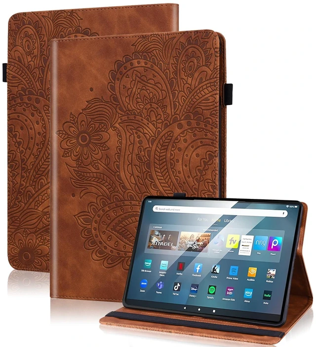Main image of VODEFOX for Kindle Fire HD 10 Case 9th/7th/5th Generation 10.1 Inch (2019/2017/2015),Embossed Flower Pattern PU Leather Folio Wallet Shockproof Cover with Pencil Holder Elastic Band 10.1" - Brown