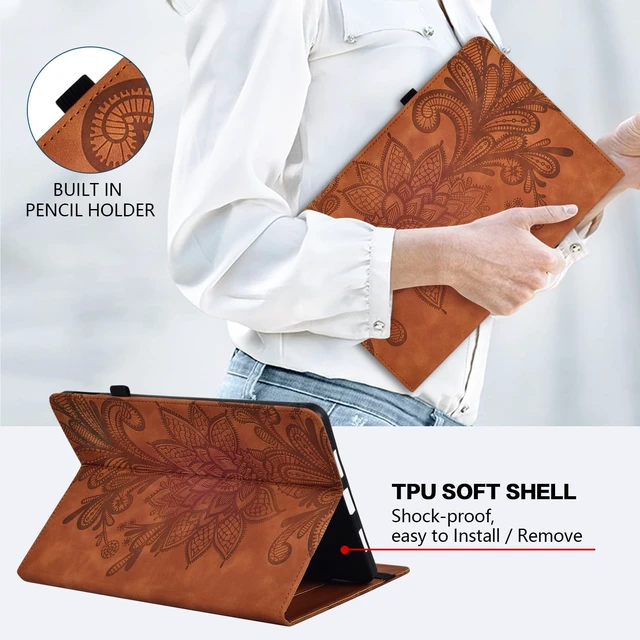 Alt view image 5 of 5 - TUOLISG for Kindle Fire Max 11 Case - Embossed Lace PU Leather Flip Folio Tablet Case with Elastic Band & Card Slots/Holder, Multi-Angle Viewing Stand Cover, Brown