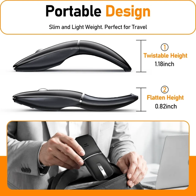 Alt view image 3 of 5 - Taimousetvs Bluetooth Travel Mouse, Foldable Rotatable Wireless, Black