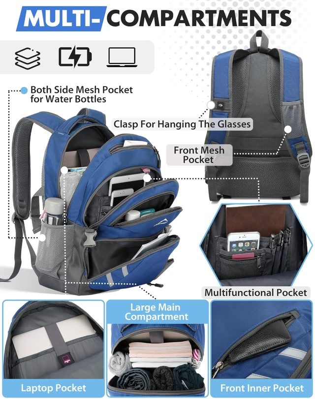 Alt view image 2 of 5 - ProEtrade Backpack Bookbag for College Laptop Travel,Fit Laptop Up to 15.6 inch with USB Charging Port Multi Compartment Anti theft, Gift for Women Men (Blue)