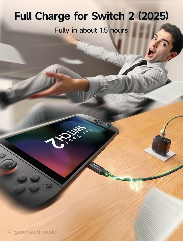 Alt view image 2 of 5 - JSAUX 65W GaN USB C Charger for Switch 2, EU/UK Plug, 6.6FT Cable, Black