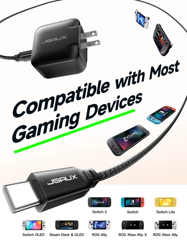 Alt view image 5 of 5 - JSAUX 65W GaN USB C Charger for Switch 2, EU/UK Plug, 6.6FT Cable, Black