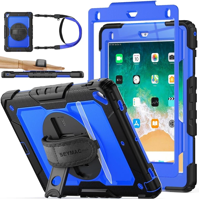 Main image of SEYMAC stock Case for iPad 6th / 5th Generation Case/Air 2 / Pro 9.7 inch, Heavy Duty Protective with Screen Protector, with Pencil Holder, Hand Strap, Shoulder Strap, 360 Rotate Stand, Blue+Black