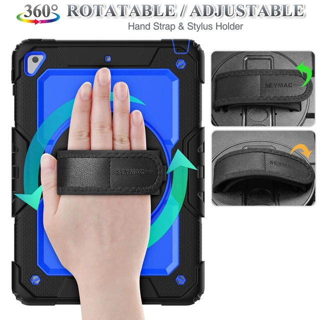 Alt view image 3 of 5 - SEYMAC stock Case for iPad 6th / 5th Generation Case/Air 2 / Pro 9.7 inch, Heavy Duty Protective with Screen Protector, with Pencil Holder, Hand Strap, Shoulder Strap, 360 Rotate Stand, Blue+Black